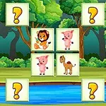 Animales dibujados, incluyendo un león, cerditos y un burro, con signos de interrogación sobre un fondo de bosque y un río