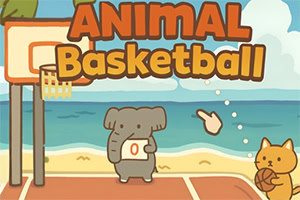 Un elefante sostiene un tablero y un gato juega baloncesto en una cancha junto al mar bajo un cielo azul