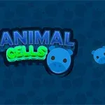 Título Animal Cells en letras coloridas sobre un fondo azul con iconos de cerdos azules y un cursor blanco apuntando a uno de ellos