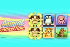 Cuatro cuadros de animalitos con un pug, pingüino, pulpo, jaguar y un canguro sobre un fondo azul y texto estilizado que dice Animal connection