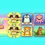 Cuatro cuadros de animalitos con un pug, pingüino, pulpo, jaguar y un canguro sobre un fondo azul y texto estilizado que dice Animal connection