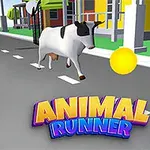 Vaca corriendo por una calle mientras recoge monedas doradas, con edificios de colores de fondo
