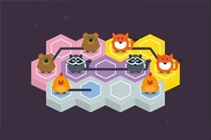 Animales de diferentes colores conectados en un tablero hexagonal multicolor con fondo morado