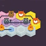 Animales de diferentes colores conectados en un tablero hexagonal multicolor con fondo morado