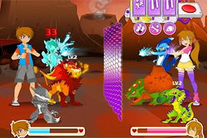 Dos personajes anime en una batalla con criaturas fantásticas en un entorno de volcán rojo ardiente
