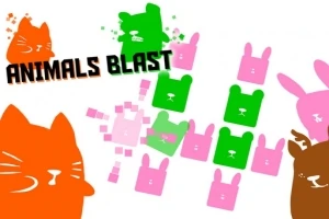 Ilustración con figuras de animales coloridos, como gatos y conejos en tonos naranja, verde y rosa, con el texto Animals Blast