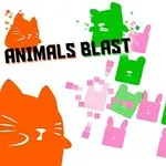 Ilustración con figuras de animales coloridos, como gatos y conejos en tonos naranja, verde y rosa, con el texto Animals Blast