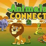Cinco animales de caricatura, incluyendo un elefante, león, serpiente, cebra y tigre, sobre un fondo de paisaje al atardecer con el texto Animals Connect 2