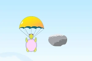 Una tortuga con paracaídas amarillo cerca de una roca en el cielo
