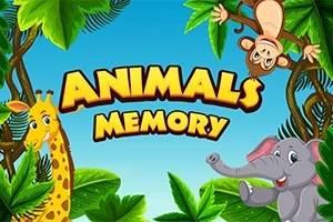 Un diseño colorido con las ilustraciones de una jirafa, un elefante y un mono rodeados de hojas de la selva, con el texto ANIMALS MEMORY