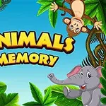 Un diseño colorido con las ilustraciones de una jirafa, un elefante y un mono rodeados de hojas de la selva, con el texto ANIMALS MEMORY
