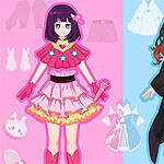 Dos personajes animados con estilo de muñecas recortables, uno con un traje rosa y otro con ropa tradicional japonesa, colocados sobre un fondo dividido en rosa y azul