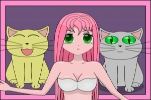 Personaje de anime con cabello rosa y ojos verdes, en un vestido blanco, frente a dos gatos dibujados, uno amarillo feliz y otro gris serio, en un marco rosa