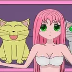 Personaje de anime con cabello rosa y ojos verdes, en un vestido blanco, frente a dos gatos dibujados, uno amarillo feliz y otro gris serio, en un marco rosa