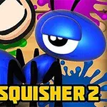 Hormiga azul caricaturesca con un ojo grande y una bota acercándose sobre un fondo de salpicaduras de colores