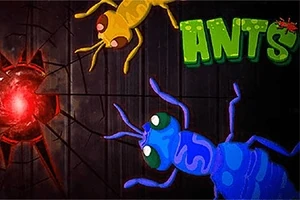 Dos hormigas de colores vibrantes, una amarilla y otra azul, cerca de un dispositivo rojo brillante, junto a la palabra ANTS