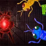 Dos hormigas de colores vibrantes, una amarilla y otra azul, cerca de un dispositivo rojo brillante, junto a la palabra ANTS