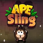 Un mono colgado con texto grande y colorido que dice Ape Sling en un fondo oscuro
