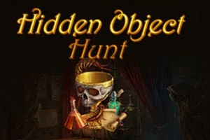 Calavera con corona dorada rodeada de pergaminos, frascos y el texto Hidden Object Hunt