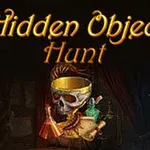 Calavera con corona dorada rodeada de pergaminos, frascos y el texto Hidden Object Hunt