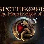 Texto del título Apothecarium: The Renaissance of Evil sobre un emblema con un dragón de oro en una habitación oscura llena de libros y objetos misteriosos