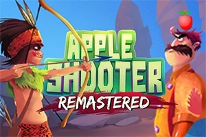 Un personaje con arco apunta a otro personaje que tiene una manzana sobre la cabeza, con el texto Apple Shooter Remastered al fondo