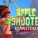 Un personaje con arco apunta a otro personaje que tiene una manzana sobre la cabeza, con el texto Apple Shooter Remastered al fondo