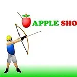 Dos personajes caricaturescos, uno con arco y flecha apuntando a una manzana en la cabeza del otro, sobre un fondo blanco y verde