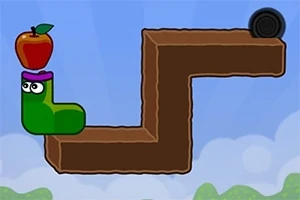 Una figura verde con ojos sostiene una manzana roja sobre un camino marrón en ángulo, con un fondo de cielo azul y nubes