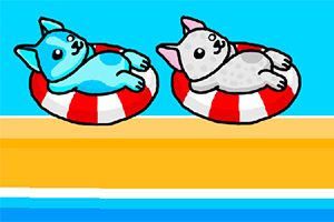Dos gatos caricaturescos descansando sobre flotadores rojos y blancos en una piscina
