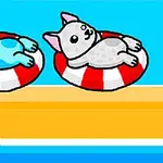Dos gatos caricaturescos descansando sobre flotadores rojos y blancos en una piscina