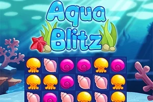 Interfaz colorida con el texto Aqua Blitz sobre un fondo marino y un tablero de juego con conchas y medusas de colores vivos