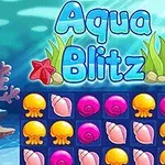 Interfaz colorida con el texto Aqua Blitz sobre un fondo marino y un tablero de juego con conchas y medusas de colores vivos
