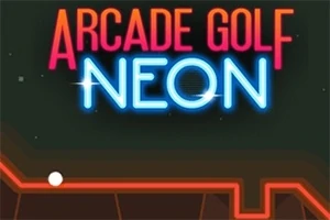Texto colorido de neón que dice Arcade Golf Neon sobre un fondo oscuro con una línea roja y una pelota blanca