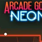 Texto colorido de neón que dice Arcade Golf Neon sobre un fondo oscuro con una línea roja y una pelota blanca