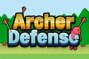 Título colorido Archer Defense con flechas y fondo de bosque