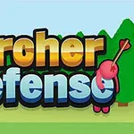 Título colorido Archer Defense con flechas y fondo de bosque