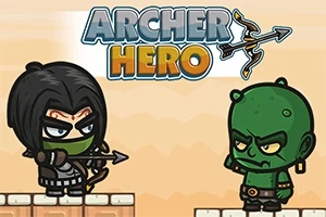 Un arquero con máscara verde apunta con su flecha a un personaje de piel verde sobre una plataforma, con el título ARCHER HERO en la parte superior