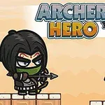 Un arquero con máscara verde apunta con su flecha a un personaje de piel verde sobre una plataforma, con el título ARCHER HERO en la parte superior