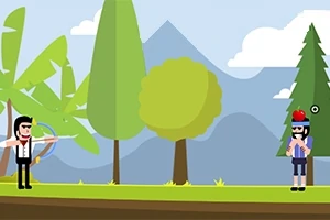 Dos personajes animados en un bosque, uno con un arco apuntando a una manzana sobre la cabeza del otro