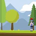 Dos personajes animados en un bosque, uno con un arco apuntando a una manzana sobre la cabeza del otro