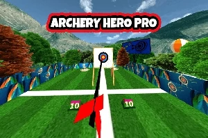 Campo de tiro con arco con un objetivo al frente y el texto Archery Hero Pro en la parte superior
