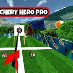 Campo de tiro con arco con un objetivo al frente y el texto Archery Hero Pro en la parte superior