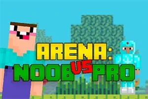 Personajes pixelados con expresiones animadas frente a un fondo de bloques, con el texto Arena: Noob vs Pro