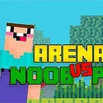 Personajes pixelados con expresiones animadas frente a un fondo de bloques, con el texto Arena: Noob vs Pro