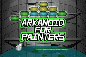 Texto ARKANOID FOR PAINTERS en letras grandes sobre un fondo de bloques de colores y un diseño con bola y plataforma en la parte inferior