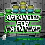 Texto ARKANOID FOR PAINTERS en letras grandes sobre un fondo de bloques de colores y un diseño con bola y plataforma en la parte inferior