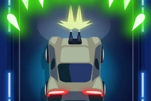 Auto futurista con armas disparando proyectiles láser en un entorno de luces neón verdes