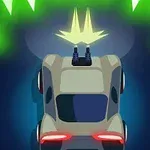 Auto futurista con armas disparando proyectiles láser en un entorno de luces neón verdes