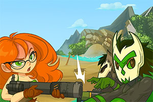 Una escena animada con una chica de cabello naranja y gafas que sostiene un arma, y un personaje enmascarado con detalles en verde, rodeados de un paisaje montañoso y un río